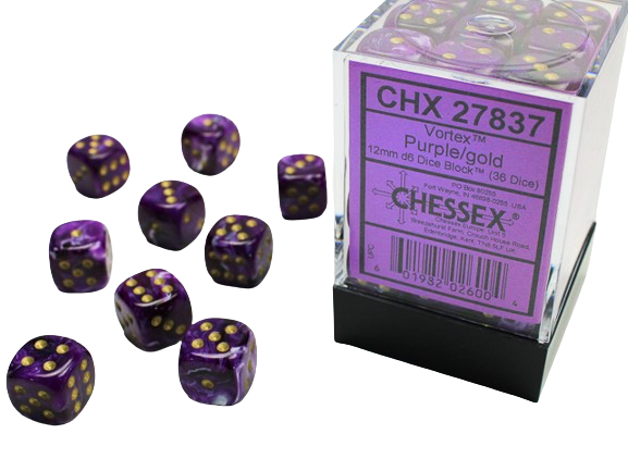 Chessex D6 Set Of 36: Vortex Purple With Gold (12mm)